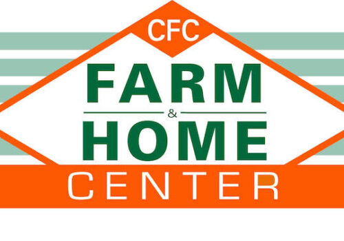 Logo of CFC Farm & Home Center. It features a geometric design with horizontal green lines and an orange diamond shape containing the text 