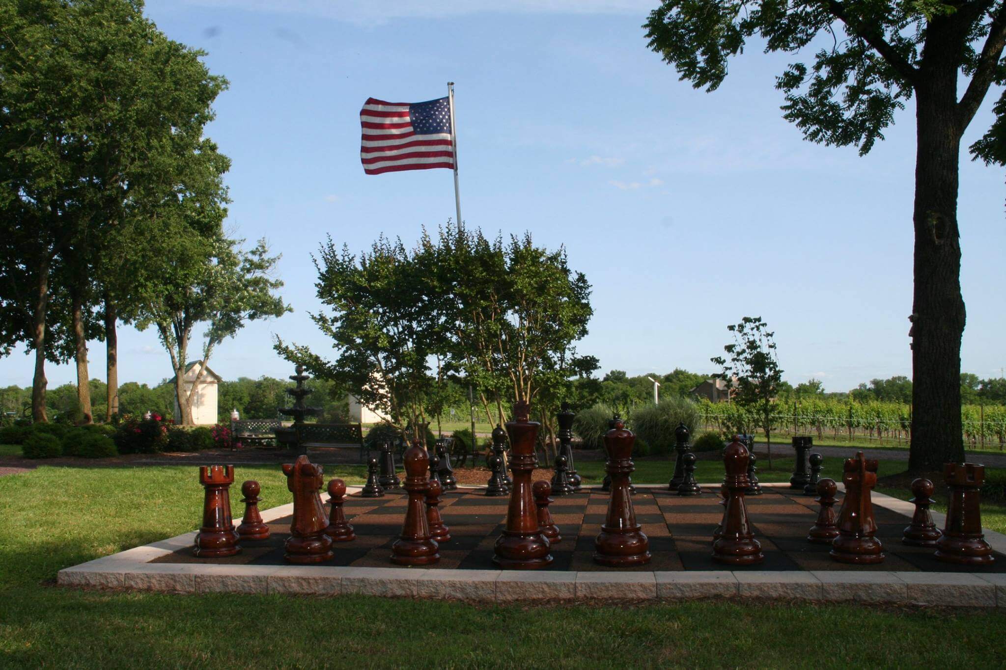 A large outdoor chessboard with oversized wooden chess pieces is set on a grassy area. An American flag flies on a tall flagpole behind it. The scene is surrounded by trees and vegetation, with a clear sky above.