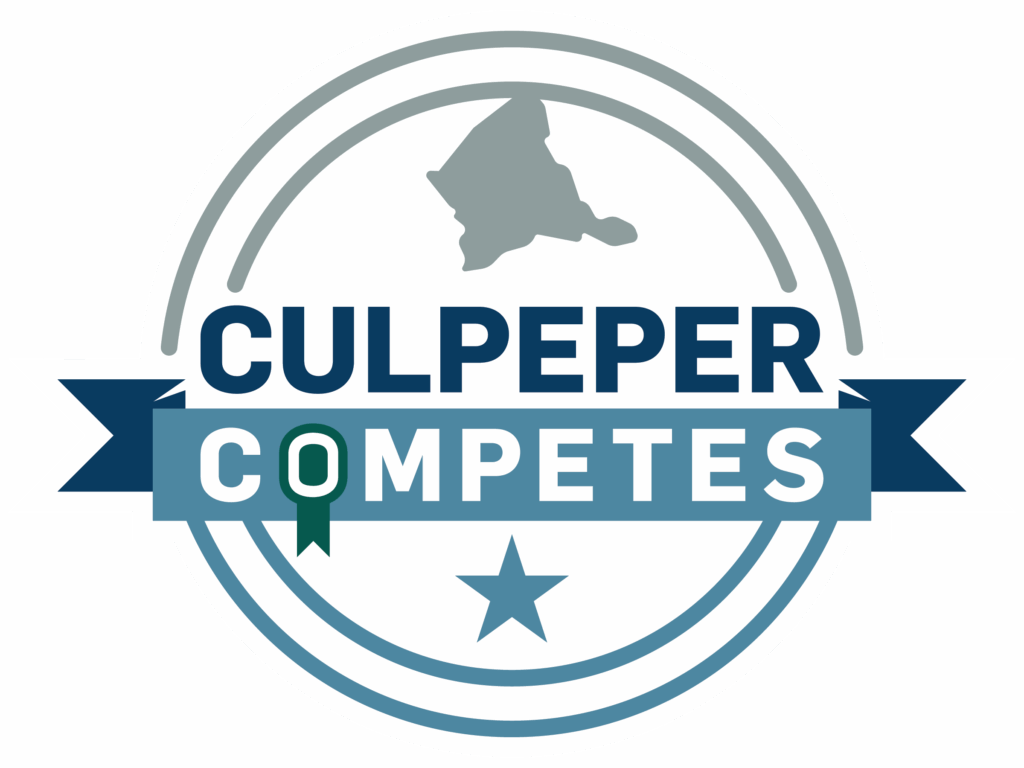 A circular logo with an outline of a county and the text 'CULPEPER' in bold blue letters above 'COMPETES' in white letters on a blue banner. A small green ribbon forms the 'O' in 'COMPETES.' A gray star is at the bottom inside the circle.
