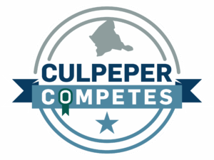 A circular logo with an outline of a county and the text 'CULPEPER' in bold blue letters above 'COMPETES' in white letters on a blue banner. A small green ribbon forms the 'O' in 'COMPETES.' A gray star is at the bottom inside the circle.