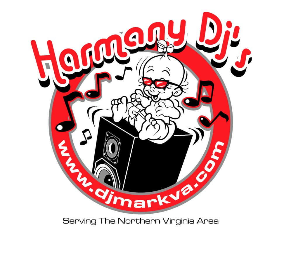Logo for Harmany DJ's featuring a cartoon baby in sunglasses sitting on a speaker with musical notes around. The text 