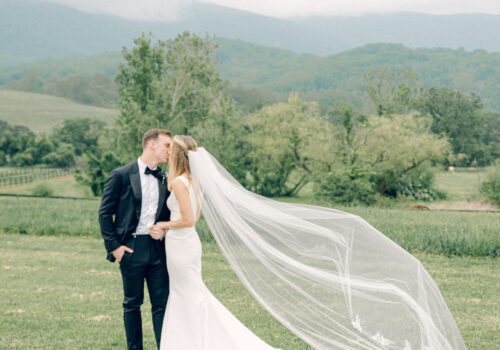 A bride and groom share a kiss in a picturesque outdoor setting with rolling green hills and trees in the background. The bride wears a flowing white gown with a long veil cascading behind her, while the groom is dressed in a classic black tuxedo. Image