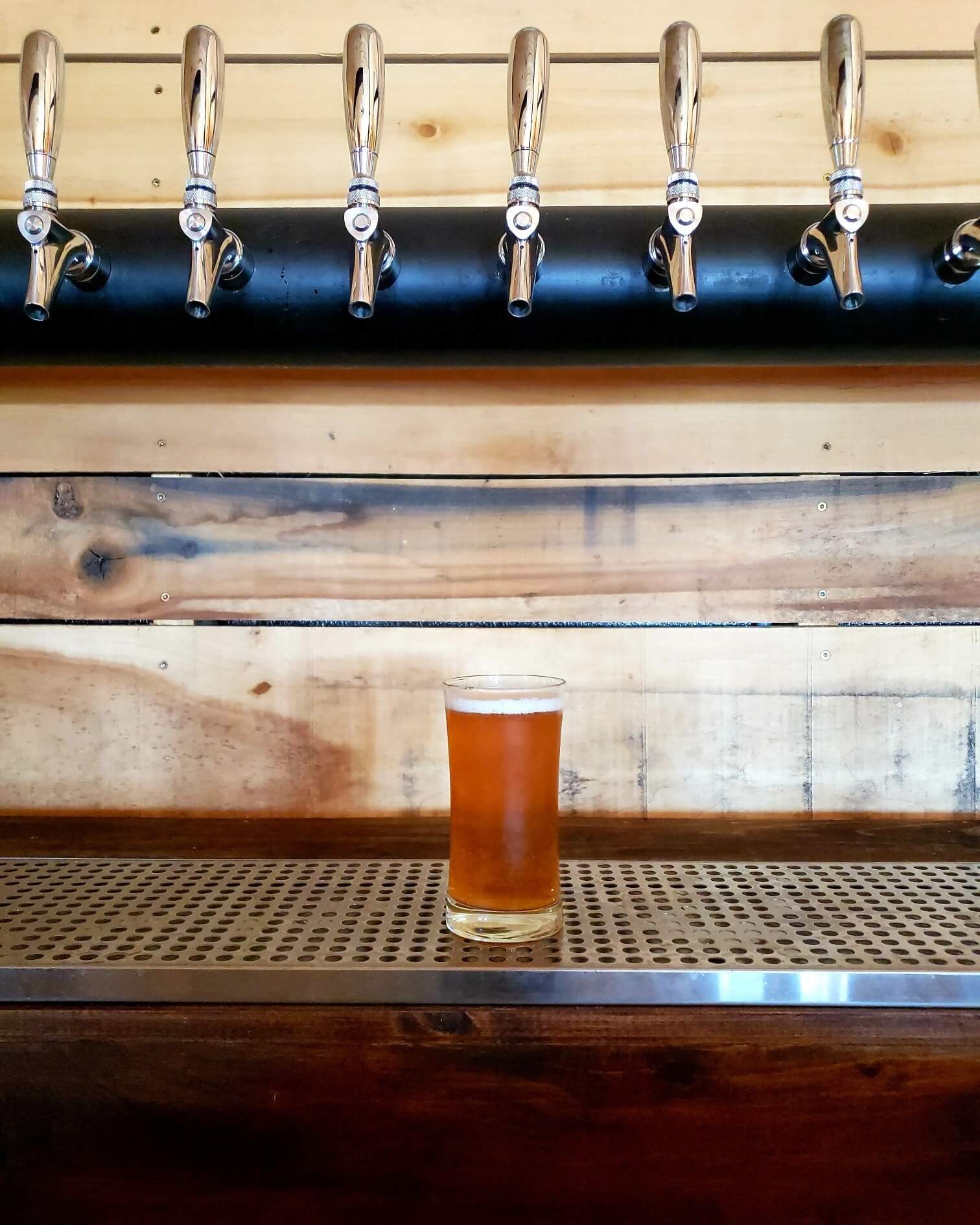 A glass of amber-colored beer sits on a stainless steel bar counter in front of a wooden backdrop. Above the glass, seven metallic beer taps are mounted on a black pipe. The setting appears to be in a rustic-style bar or brewery.