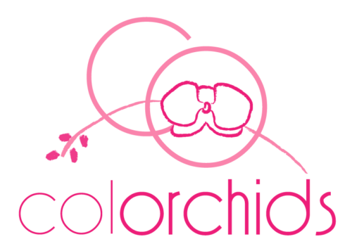 A minimalist logo features an orchid flower drawing in pink, with two overlapping circles above it. Below, the word 