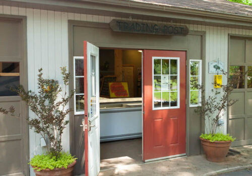 A trading post with a red door flanked by two large potted plants. The door is open, revealing an interior with a counter and various items for sale. The wooden building is surrounded by trees, and the 
