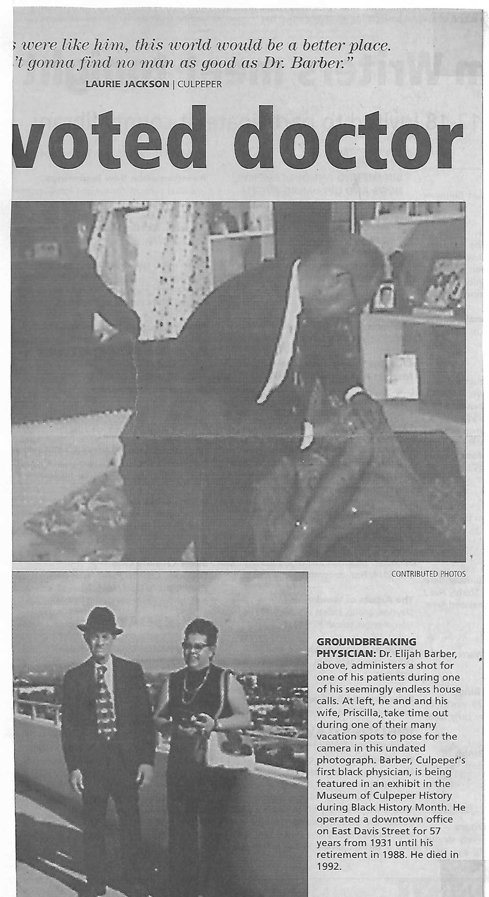 An old newspaper clipping of Dr. Elijah Barber