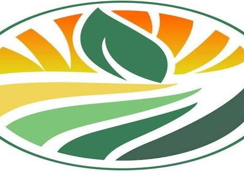 An oval-shaped logo features a green leaf at the center, with yellow and orange curved lines emanating from behind it, resembling a sunrise or sunset. Various shades of green lines representing fields are also present, creating an agricultural theme. Image