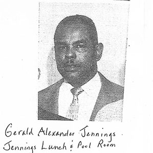 A black-and-white image of a man in a suit and tie, identified as Gerald Alexander Jennings. The handwritten text below his image reads 
