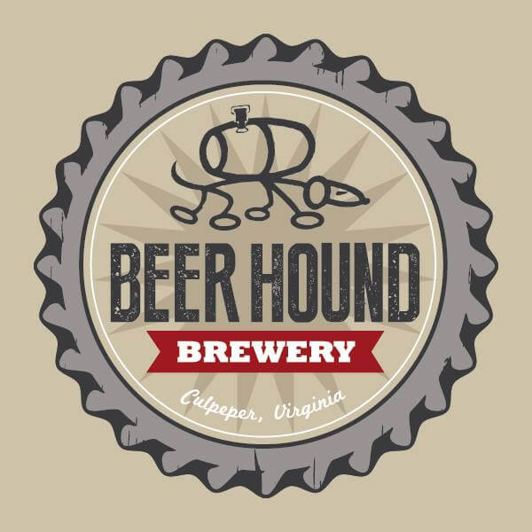 A Beer Hound Brewery logo features a dog with a bottle for a body, against a starburst background, encircled by a bottle cap shape. 