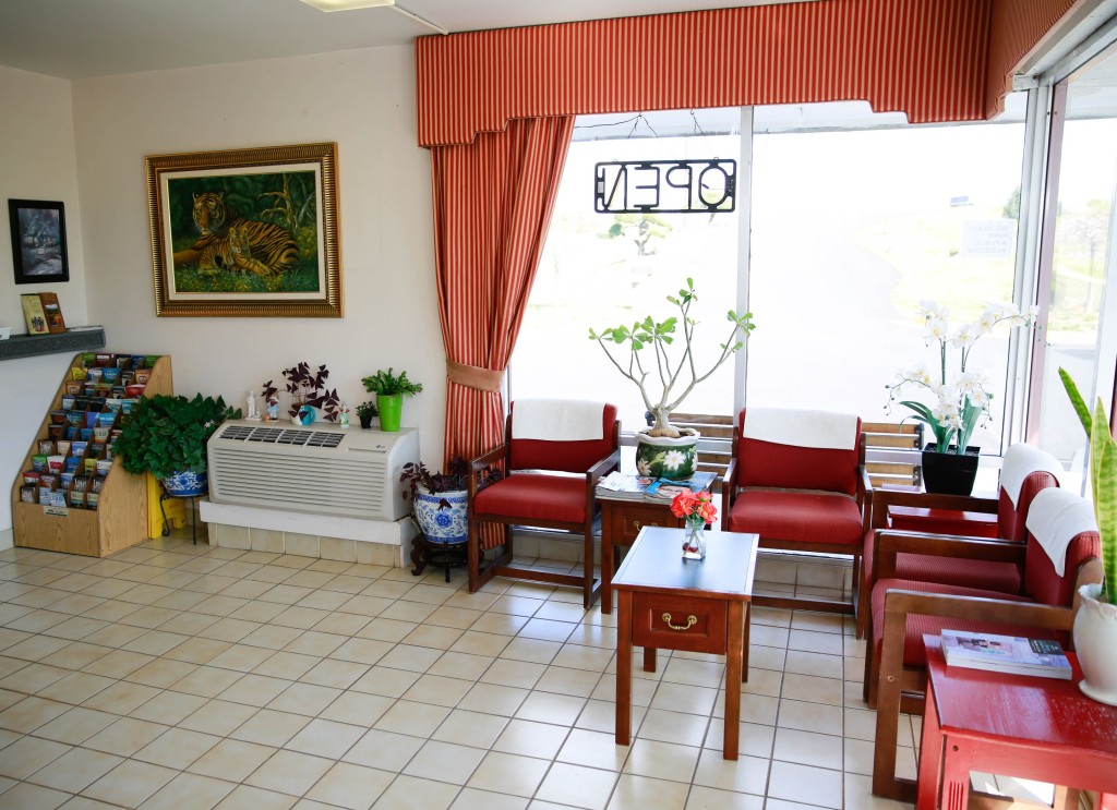A brightly lit waiting room with tiled floors, red cushioned chairs, a wooden table with flowers, a small shelf with magazines, a tiger painting on the wall, an air conditioner, and a window with a neon 