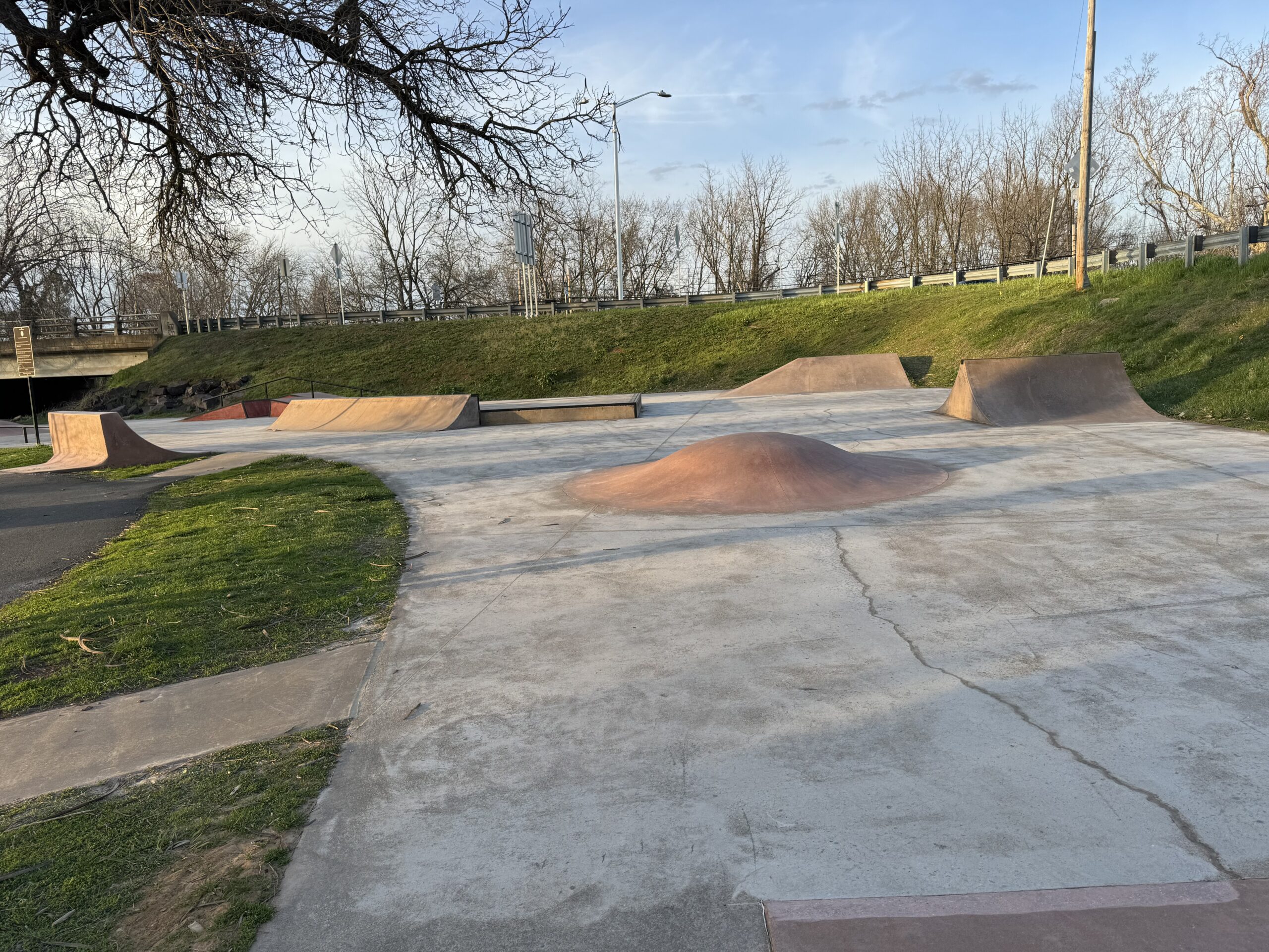 A skatepark with various concrete ramps and structures, including a dome-shaped ramp in the center. Green grass surrounds parts of the park, with bare trees in the background and a road with guardrails on the right side. The sky is partly cloudy.
