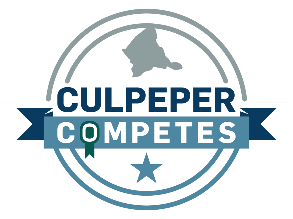 Logo featuring a stylized map of Culpeper County at the top and a ribbon design below. Text reads "Culpeper Competes" with the letter 'O' in "Competes" represented as a green award ribbon. A star appears at the bottom. Color scheme includes blue and green.