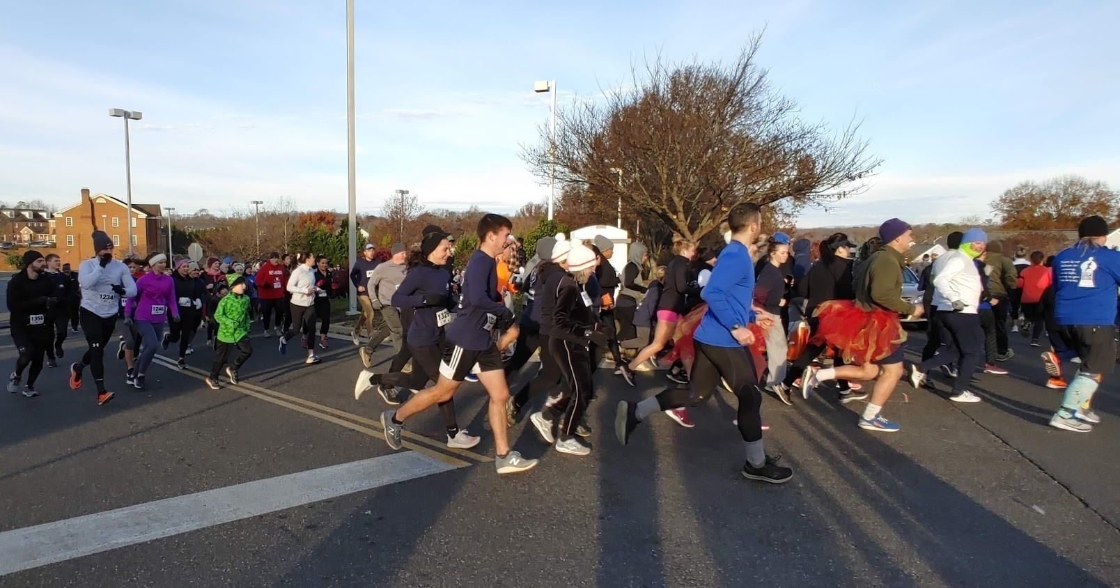 A group of runners, wearing various athletic outfits and numbers, participate in a road race on a clear day. Some trees and buildings are visible in the background.