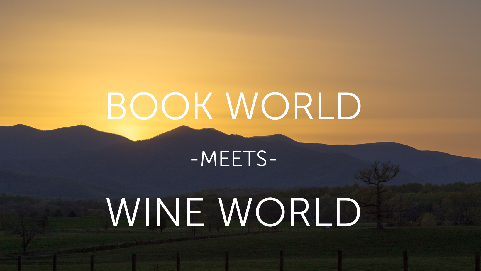 A sunset over rolling mountains and a green valley is accompanied by the text "BOOK WORLD -meets- WINE WORLD," suggesting a blend of literature and wine against a scenic backdrop.