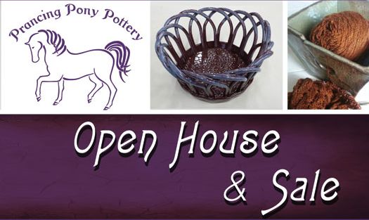 An advertisement for Prancing Pony Pottery's Open House & Sale. Features a drawing of a horse, a ceramic basket, and pottery materials. Text reads: "Prancing Pony Pottery" and "Open House & Sale.