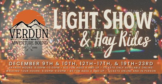 Promotional flyer for Verdun Adventure Bound's Light Show & Hay Rides. The flyer details event dates and times, with colorful holiday lights in the background. Hayride and walking tour details are provided, including pricing and ticket information.