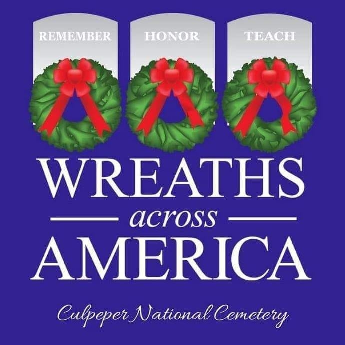 A graphic with three wreaths each having a ribbon above labeled "Remember", "Honor", and "Teach". Below, the text reads "Wreaths Across America" and "Culpeper National Cemetery" on a blue background.