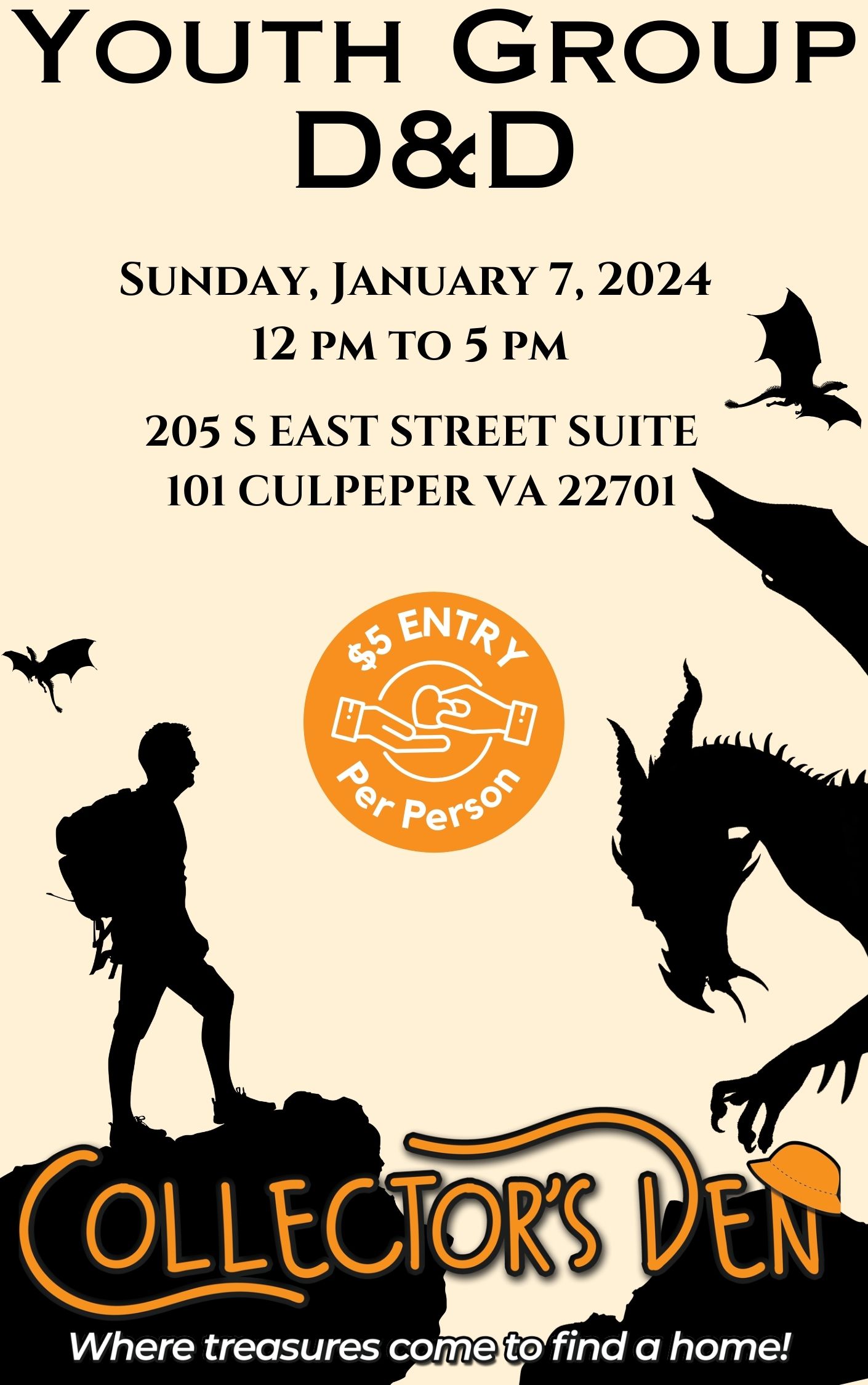 Flyer for a Youth Group D&D event on January 7, 2024, from 12 PM to 5 PM at 205 S East Street Suite 101, Culpeper, VA. $5 entry fee. The flyer features silhouettes of a knight, dragon, and bats, with the text "Collector's Den" at the bottom.
