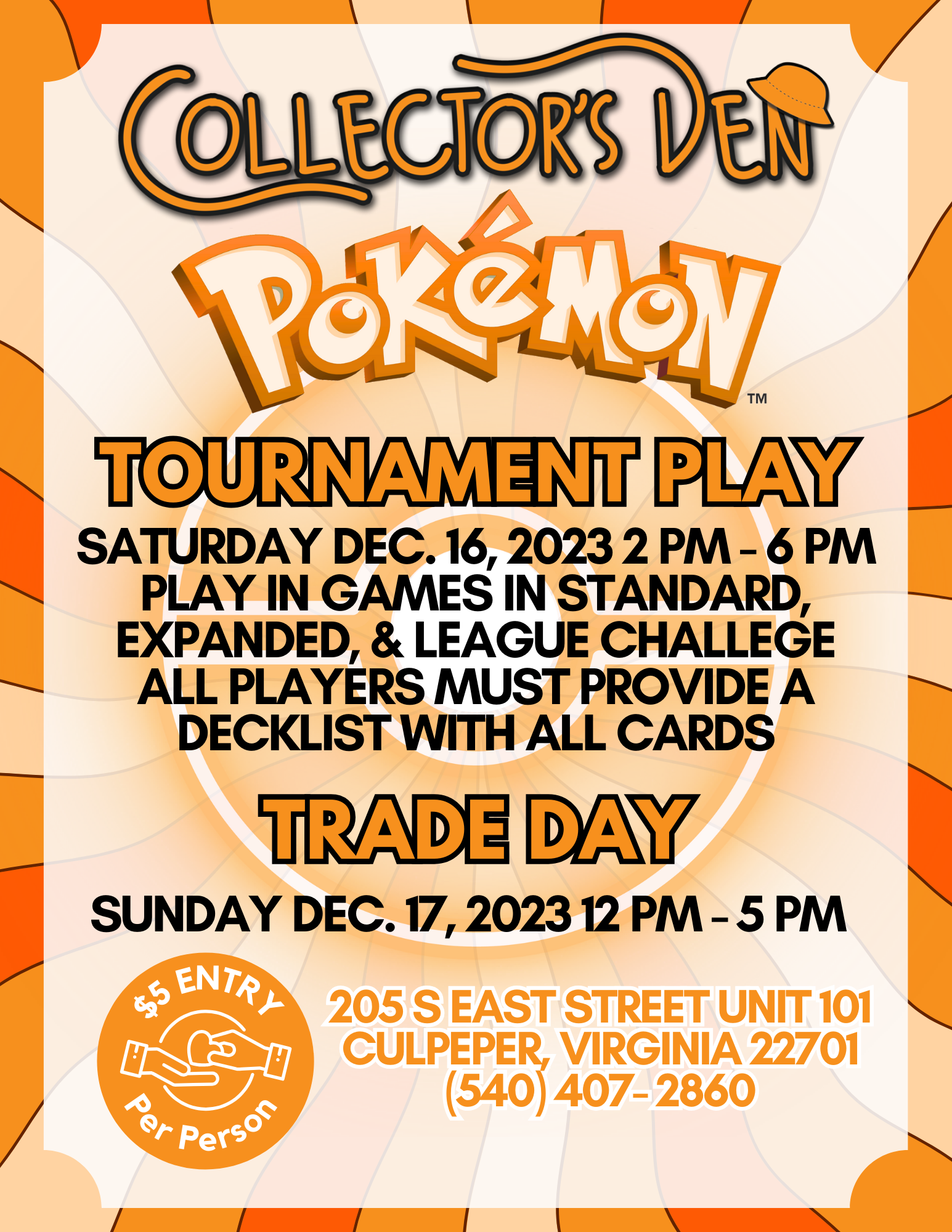 Flyer for Collector's Den featuring Pokémon Tournament Play on Saturday, December 16, 2023, from 2 PM to 6 PM, requiring decklists, with a $5 entry fee. Trade Day is on Sunday, December 17, 2023, from 12 PM to 5 PM. Located at 205 S East Street Unit 101, Culpeper, VA.