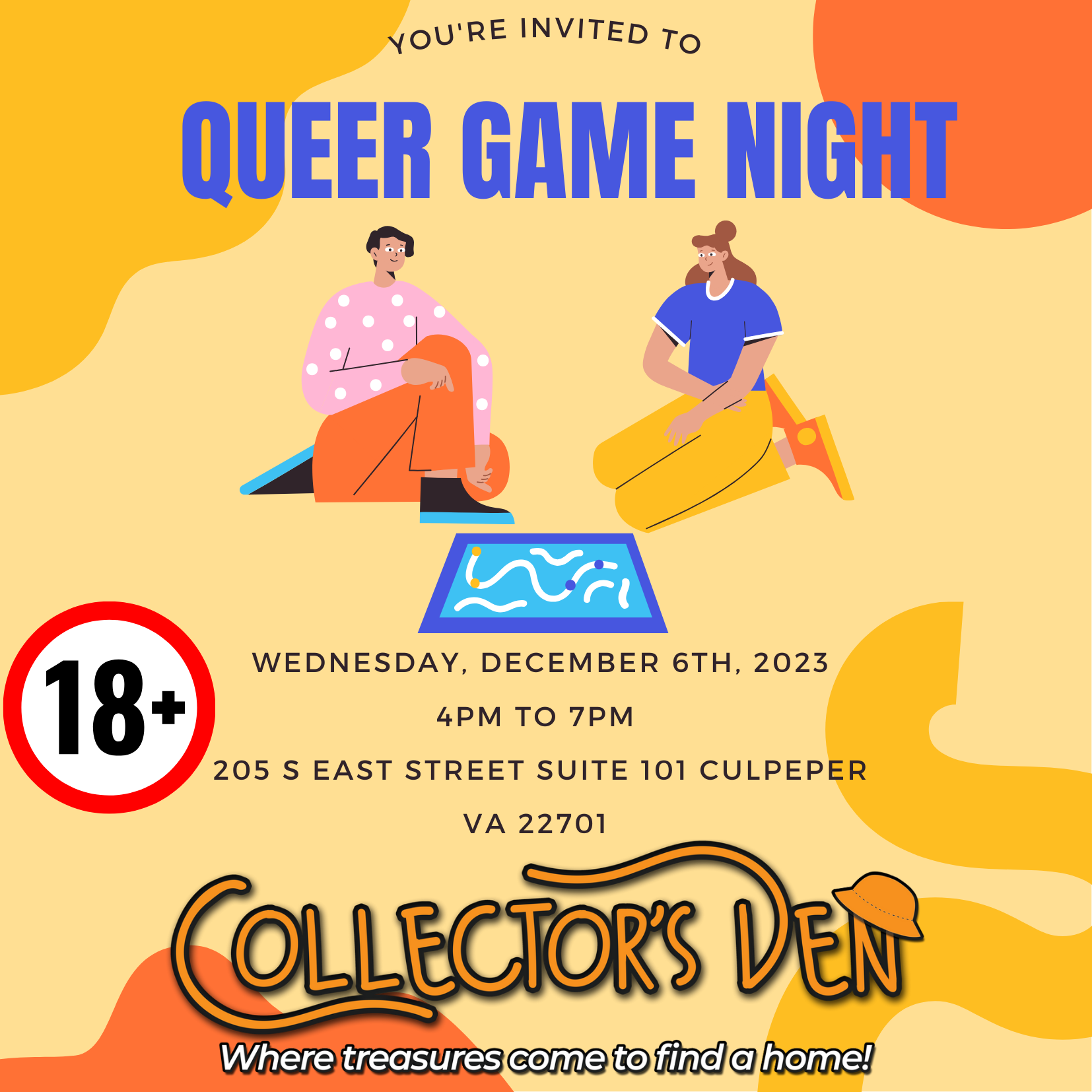 A colorful flyer for a "Queer Game Night" on Wednesday, December 6th, 2023, from 4 PM to 7 PM at Collector's Den, 205 S East Street Suite 101, Culpeper, VA 22701. The event is for ages 18 and up. It features illustrations of two people playing a board game.