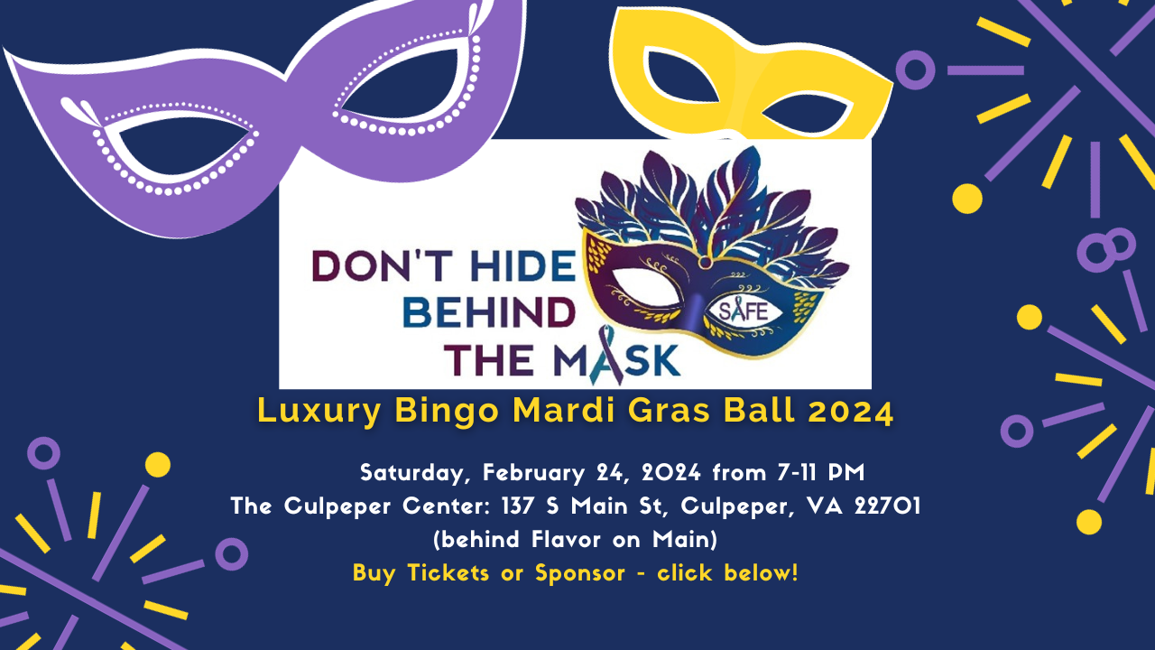 A colorful poster for the Luxury Bingo Mardi Gras Ball 2024. It features decorative masks and details about the event: February 24, 2024, 7-11 PM, at The Culpeper Center in Culpeper, VA. This exciting fundraising event also includes options to buy tickets or sponsor the occasion.