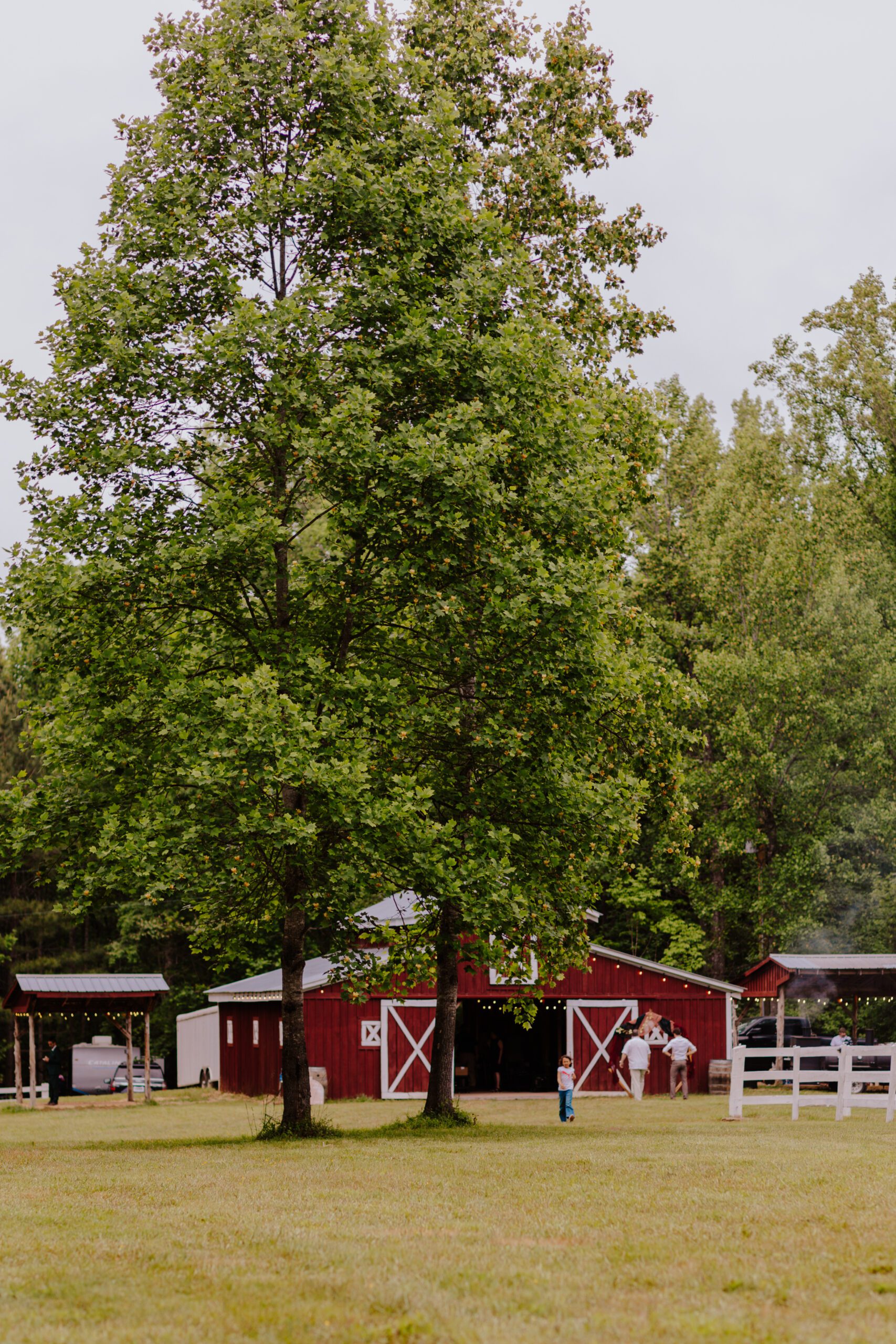 A red barn with white trim is partially hidden behind two large leafy trees on a lush green lawn. A white fence runs through the scene, and a few people can be seen near the rustic wedding venue in Virginia. The background is filled with dense foliage, and the sky is overcast.
