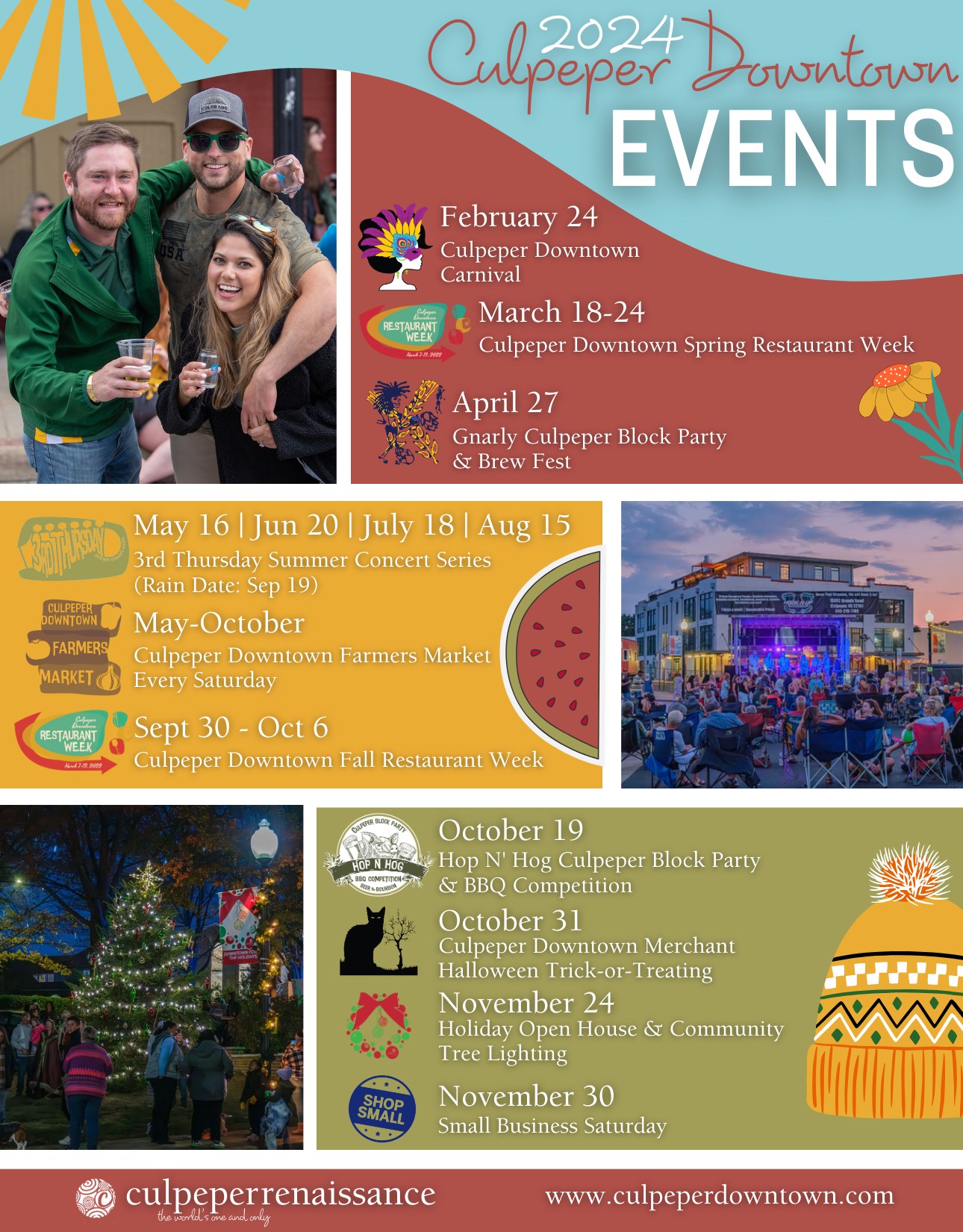 A colorful poster promoting various events in Culpeper Downtown for 2024, including a carnival, restaurant week, farmers market, concerts, block parties, Halloween activities, and holiday open house. The poster features images of people and event-related activities.
