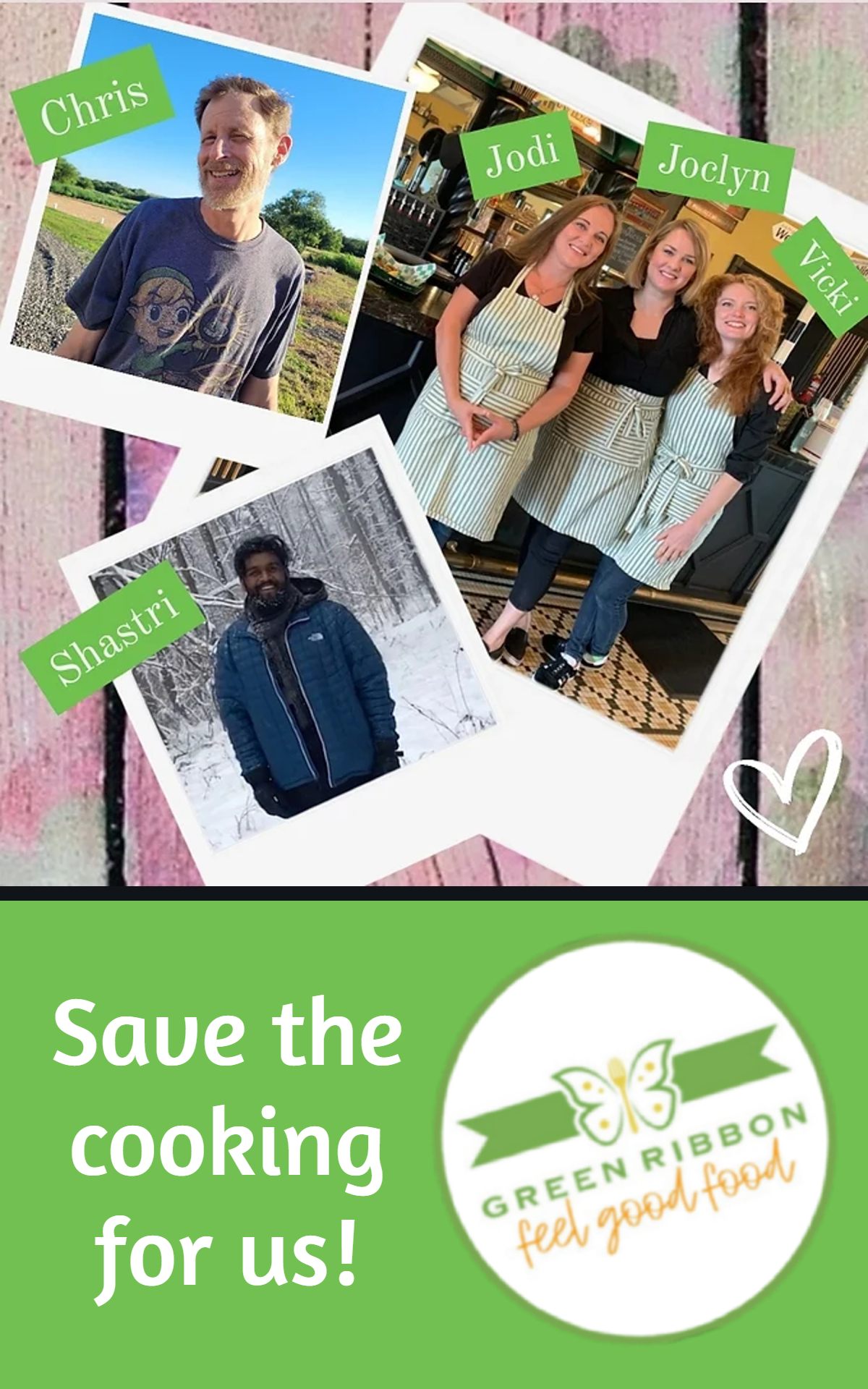 A collage of five people in polaroids is displayed. Chris is smiling outside. Jodi, Jocelyn, and Vicki are together, wearing aprons. Shastri stands in a snowy setting. Below this is the text 