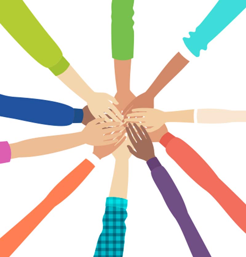 Illustration of eight hands of diverse skin tones and clothing styles coming together in the center to form a circle, symbolizing unity and teamwork. The background is white.