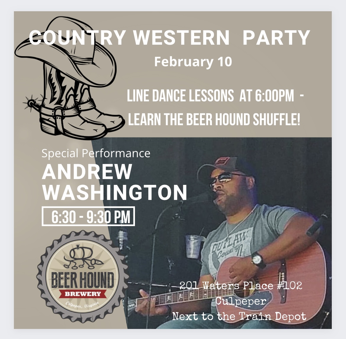 A poster for a "Country Western Party" on February 10, featuring line dance lessons at 6:00 PM and a special performance by Andrew Washington from 6:30 to 9:30 PM. It takes place at Beer Hound Brewery, 201 Waters Place #102, Culpeper, next to the Train Depot.