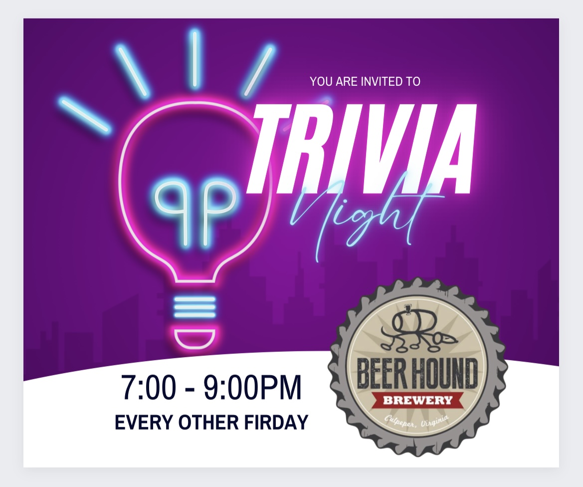 A purple and white flyer for "Trivia Night" featuring a neon light bulb graphic and text stating "You are invited to Trivia Night." Event time is 7:00-9:00 PM every other Friday. Includes a Beer Hound Brewery logo with a beer bottle cap design.
