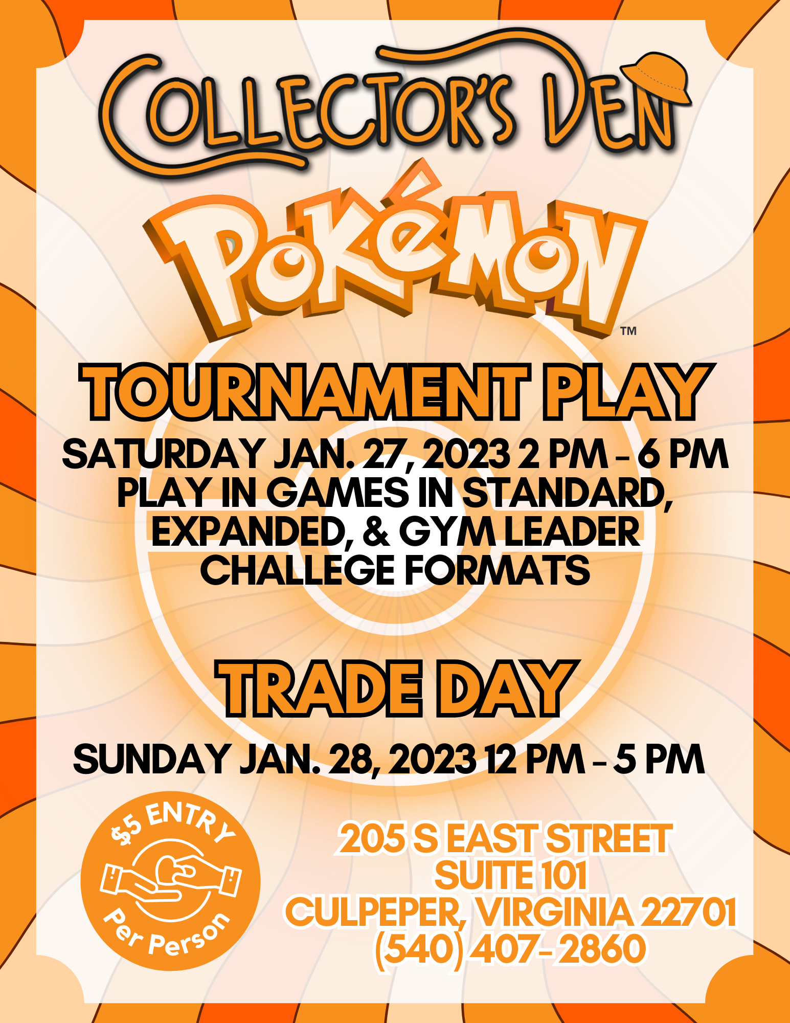 An orange-themed flyer for Collector's Den announcing Pokémon Tournament Play on January 27, 2023, from 2 PM to 6 PM, featuring various game formats, with a $5 entry fee per person. Also, a Trade Day on January 28, 2023, from 12 PM to 5 PM in Culpeper, Virginia.