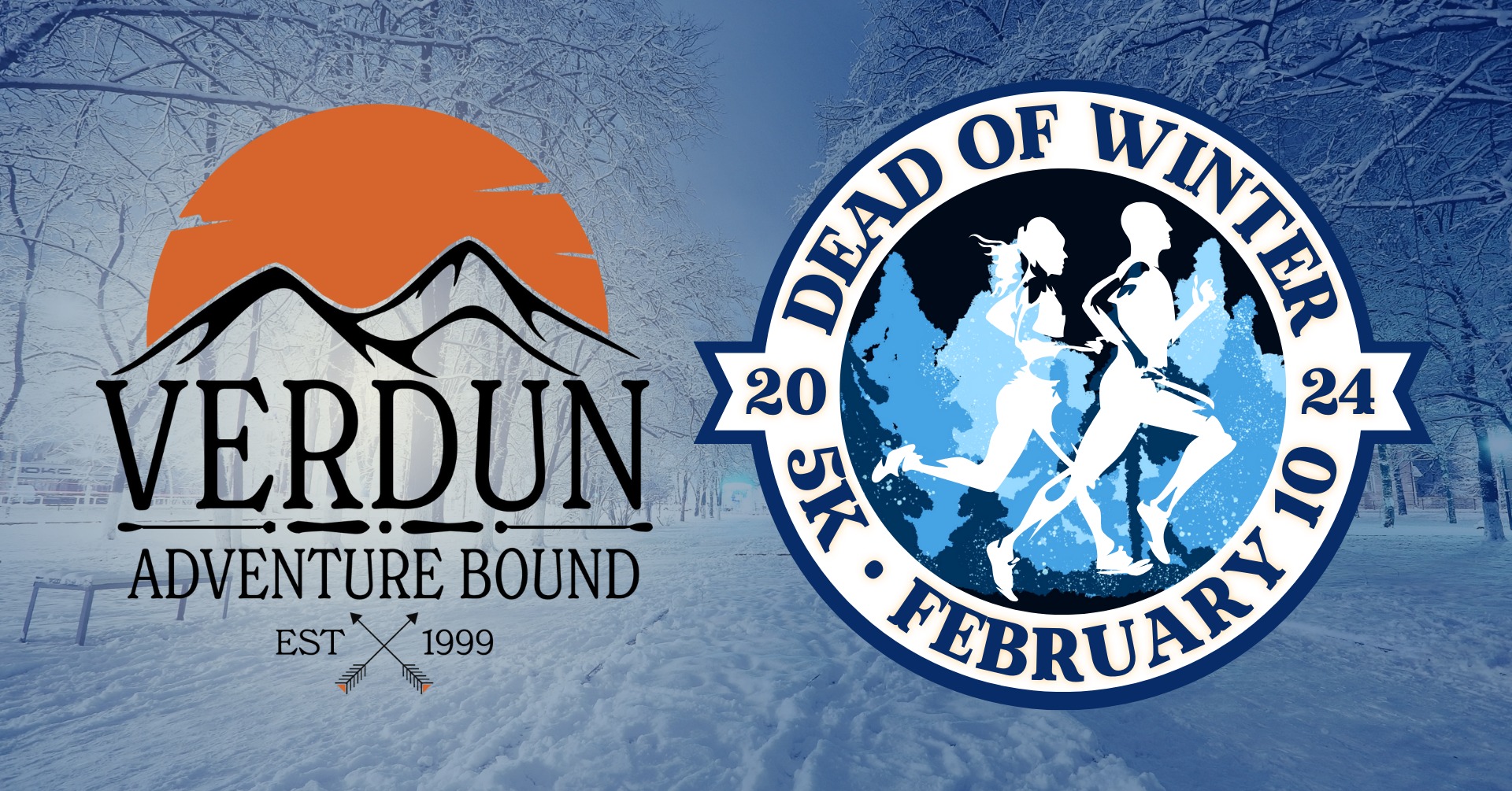 A promotional image for Verdun Adventure Bound's Dead of Winter 5K event on February 10, 2024. The image features the Verdun Adventure Bound logo with mountain silhouettes and an orange sun, alongside a circular 5K event logo with running figures and winter scenery.