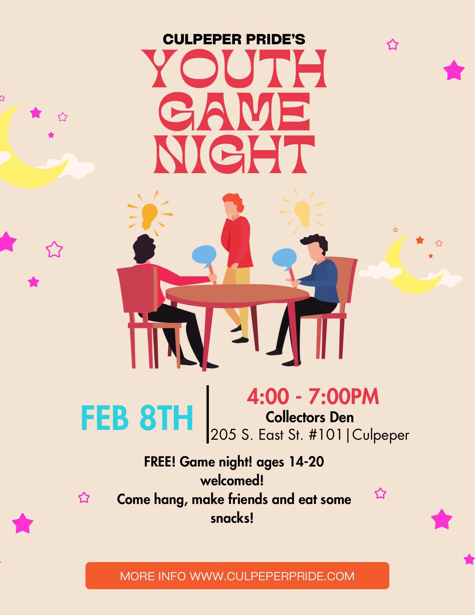 Flyer for Culpeper Pride's Youth Game Night showing three illustrated people sitting at a table playing a board game. Event details: February 8th, 4:00 - 7:00 PM at Collectors Den, 205 S. East St. #101, Culpeper. Ages 14-20 welcome. Free event with snacks.