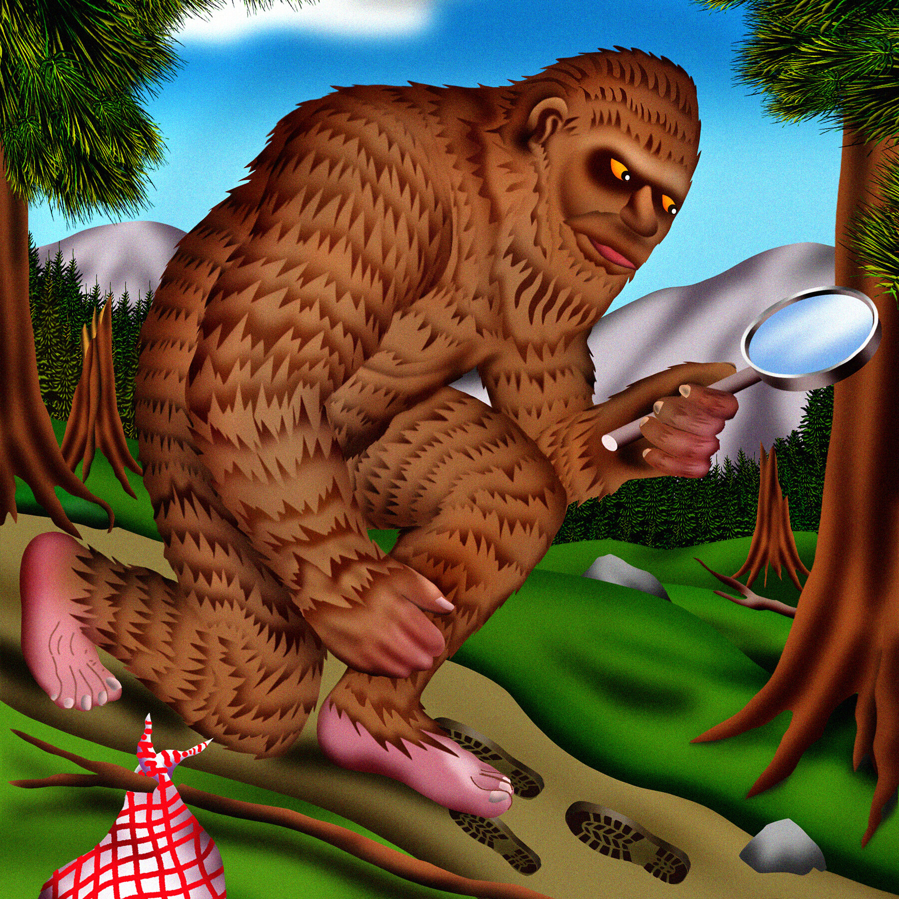 Illustration of a large, hairy Bigfoot in Culpeper, holding a magnifying glass and inspecting a trail of footprints in a forest. The creature is bending down, showing curiosity. There's a red-and-white checkered cloth tied to a stick lying on the ground. Mountains stand tall in the background.