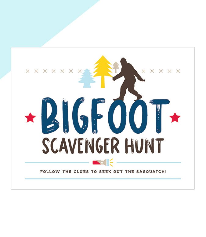 A poster titled "Bigfoot Scavenger Hunt in Culpeper" showcases text overlaid on an image of a Bigfoot silhouette, trees, and stars. The bottom text playfully reads, "Follow the clues to seek out the Sasquatch!" The design features a vibrant blue, yellow, and brown color scheme.