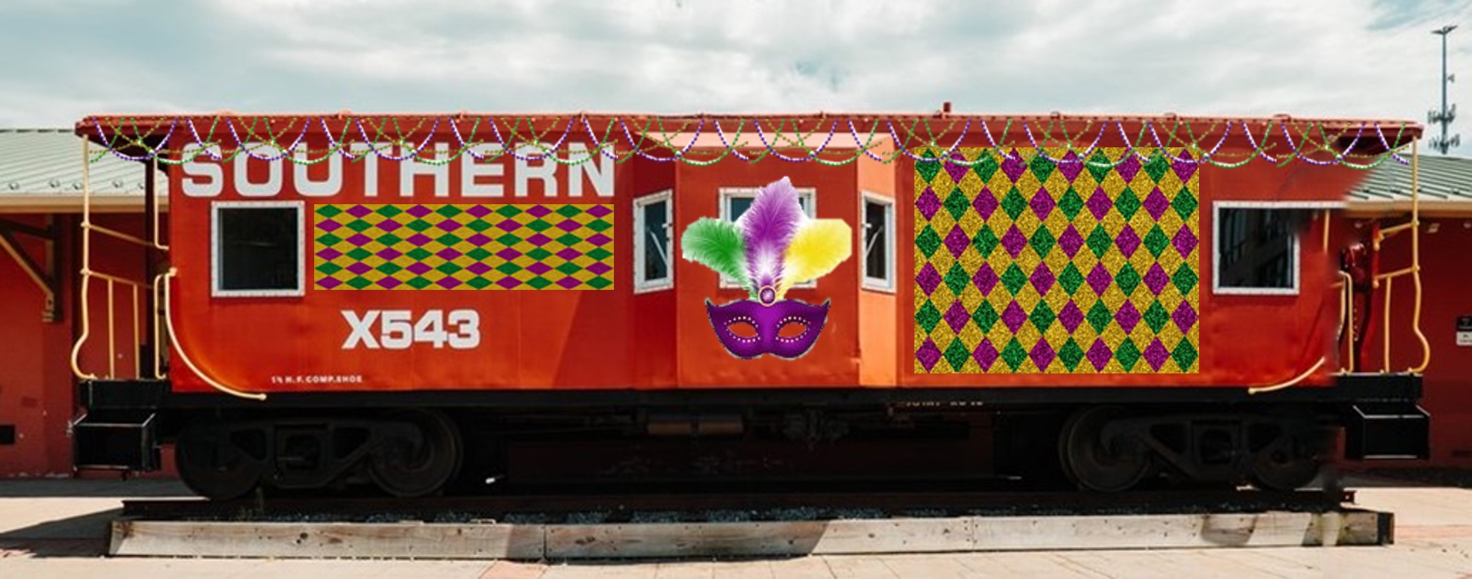 A bright red Southern X543 train car is adorned with festive Mardi Gras-themed decorations. Colorful beads are strung along the roofline, and it boasts vibrant masks and diamond-patterned banners in traditional purple, green, and gold hues.