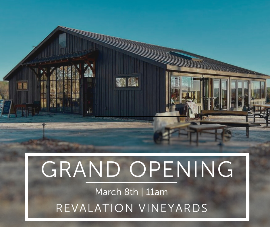 A modern barn-like building with large windows, hosting the grand opening event for Revalation Vineyards on March 8th at 11am. The building is surrounded by open space and picnic tables. Text overlay states event details.