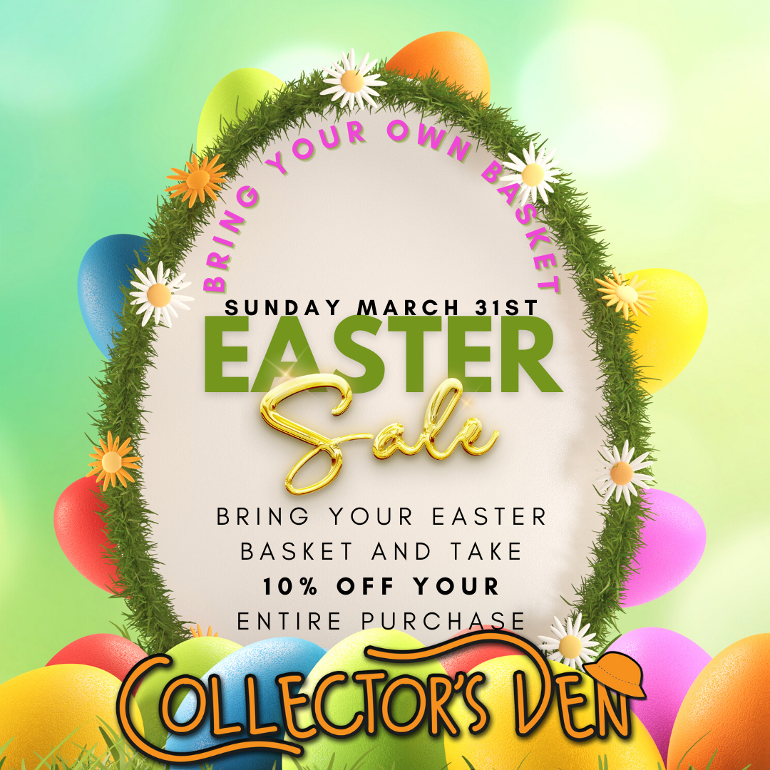 Colorful Easter sale advertisement with an egg-shaped wreath adorned with flowers and the text "Bring Your Own Basket. Sunday March 31st Easter Sale. Bring your Easter basket and take 10% off your entire purchase." Background features vibrant Easter eggs.