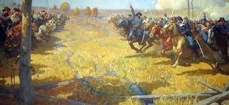 A historical painting depicting two groups of soldiers on horseback charging towards each other in a battlefield surrounded by autumn landscape. The soldiers are dressed in period uniforms and are raising weapons into the air as they prepare to clash.