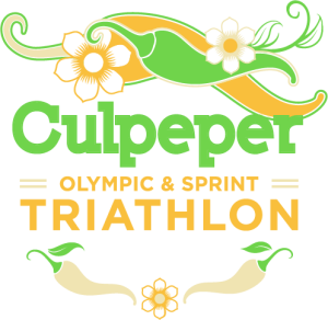 The image showcases a colorful logo for the Culpeper Olympic & Sprint Triathlon. The text is surrounded by floral and vine designs in green, yellow, black, orange, and white colors, with additional small decor elements at the top and bottom, capturing the vibrant spirit of the triathlon event.