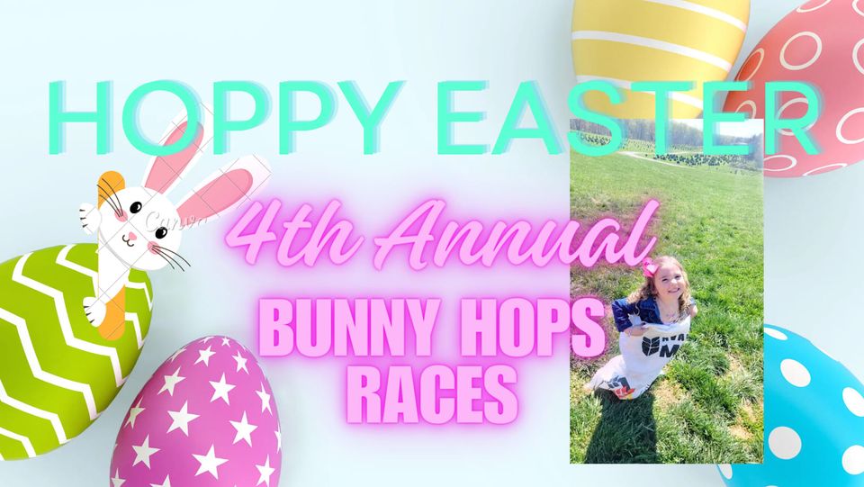 Colorful Easter-themed flyer with text "Hoppy Easter 4th Annual Bunny Hops Races." Surrounding the text are decorated Easter eggs and a cartoon bunny. To the right, there's a photo of a smiling child outdoors, standing on grass and wearing a white shirt.