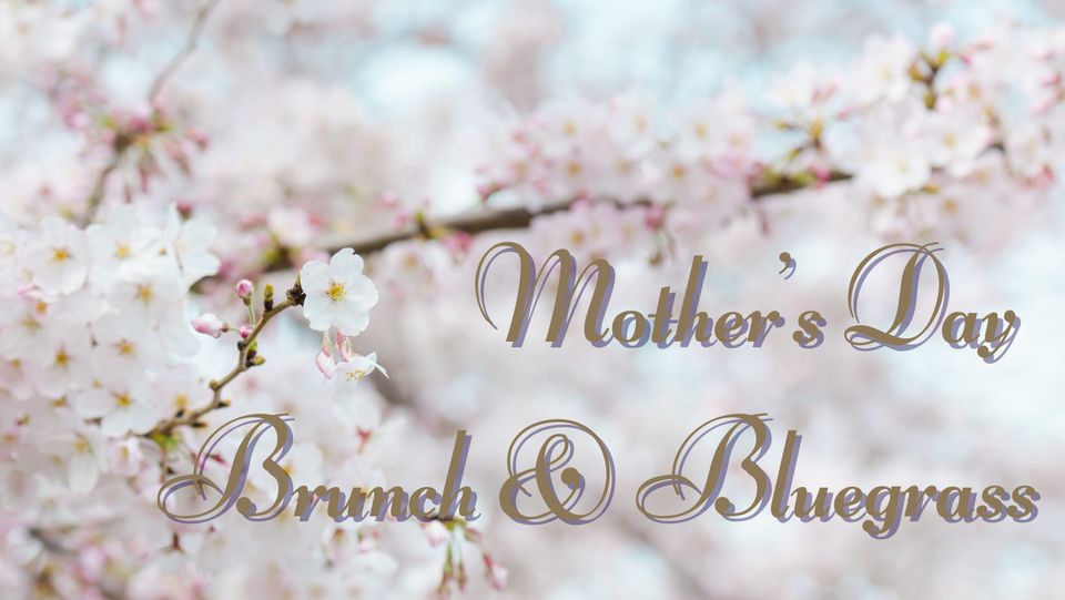 A background of delicate white and pink cherry blossoms with the text "Mother's Day Brunch & Bluegrass" elegantly overlaid in gold script.