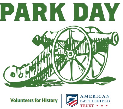 An illustrated green cannon with the words "PARK DAY" in bold green text above it. Below the cannon, smaller text reads "Volunteers for History" and features the "American Battlefield Trust" logo which includes an eagle, shield, and stars.