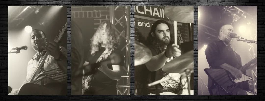 A sepia-toned image captures the essence of live music with four musicians performing on a stage. The first is a man playing the bass guitar, the second is a guitarist with long hair, the third is a drummer in mid-action, and the fourth is a vocalist holding a guitar and singing.