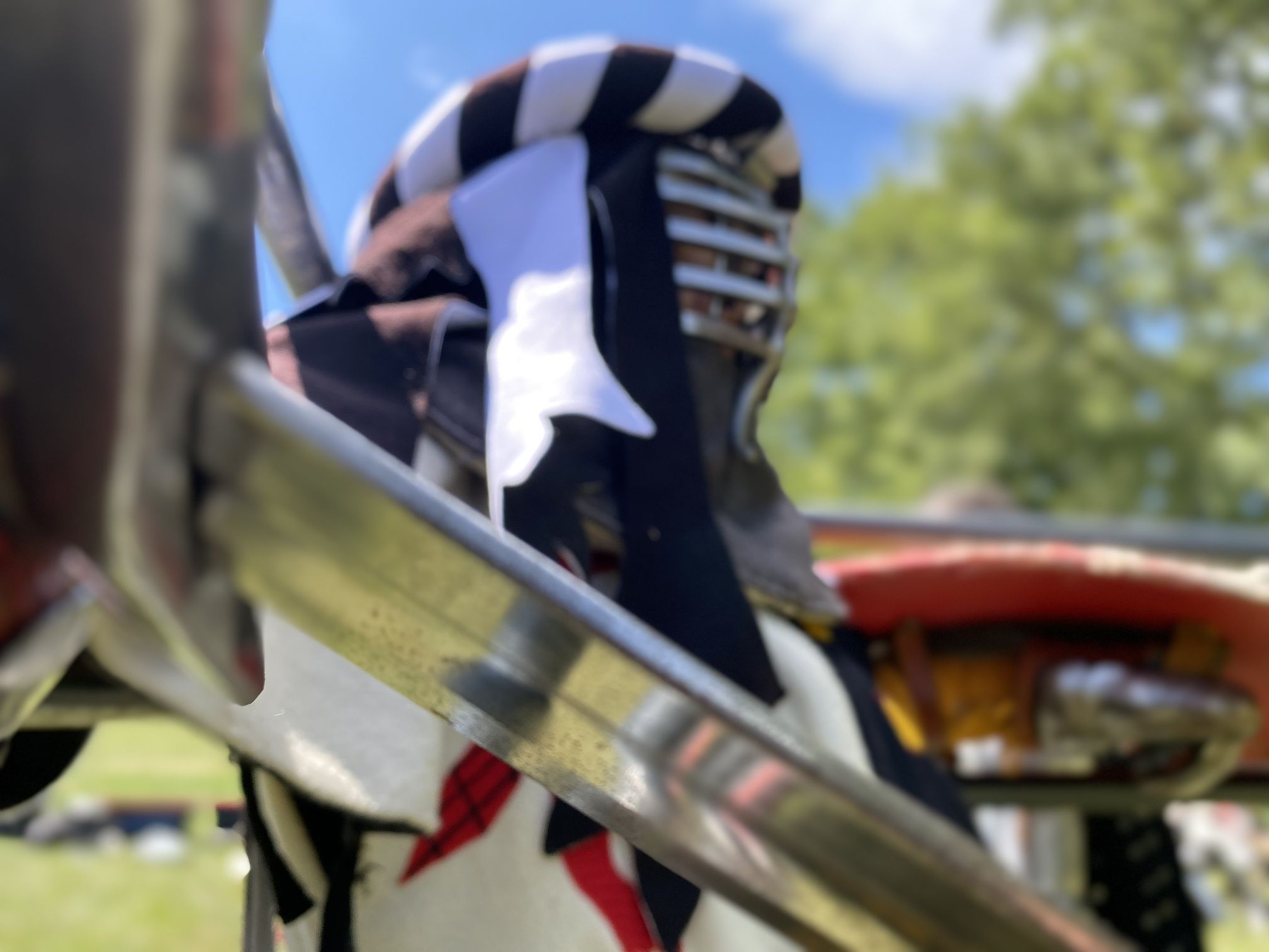 A person wearing medieval attire, including a metal helmet and a tunic, is holding a large sword. The scene appears to be outdoors on a sunny day, with trees visible in the blurry background. The image focuses on the sword and the details of the costume.