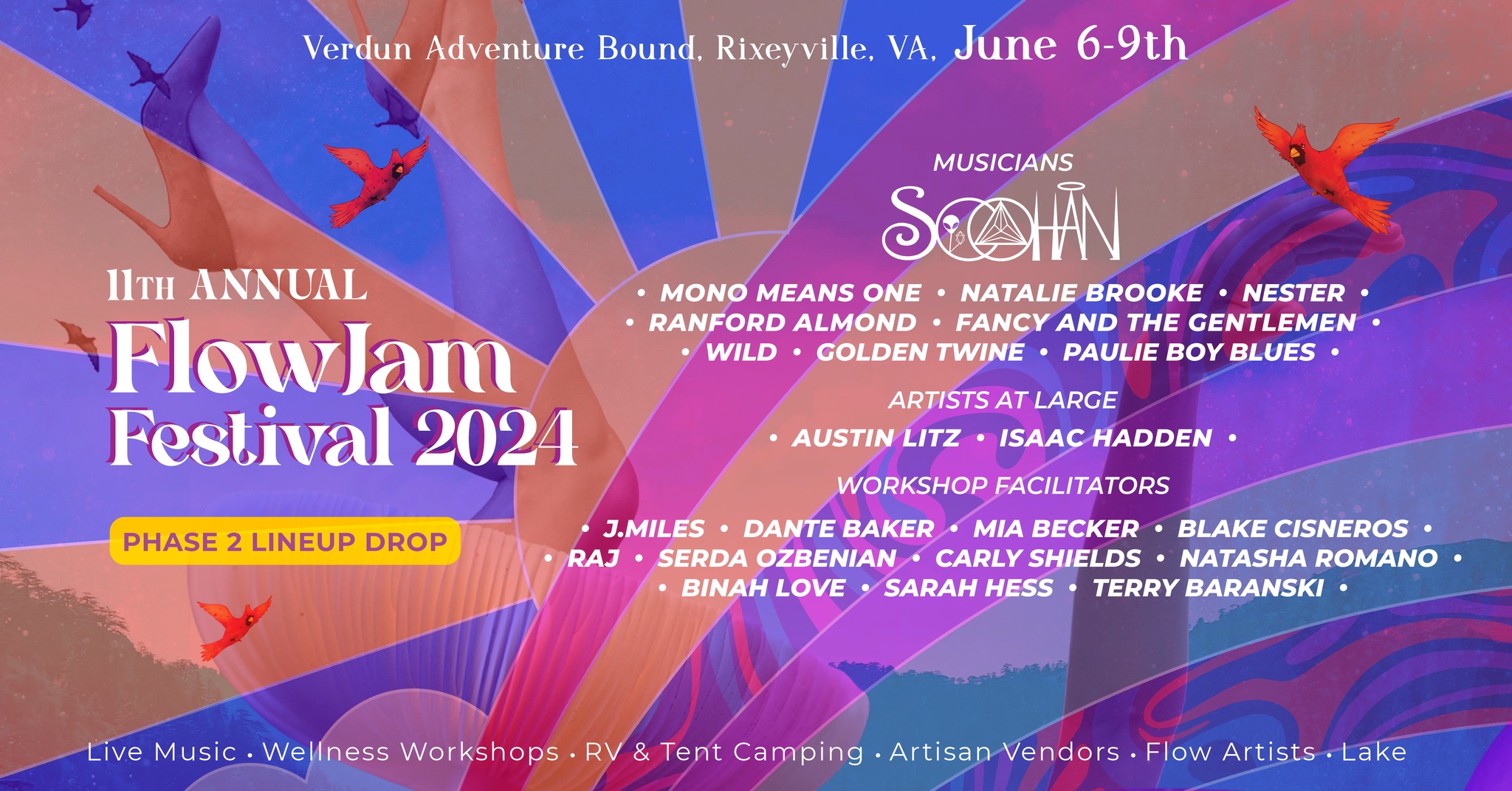 A colorful promotional poster for the 11th Annual FlowJam Festival 2024, held at Verdun Adventure Bound in Rixeyville, VA from June 6-9. The FlowJam poster lists musicians, artists, and workshop facilitators with abstract, vibrant background art featuring birds and flowing shapes.