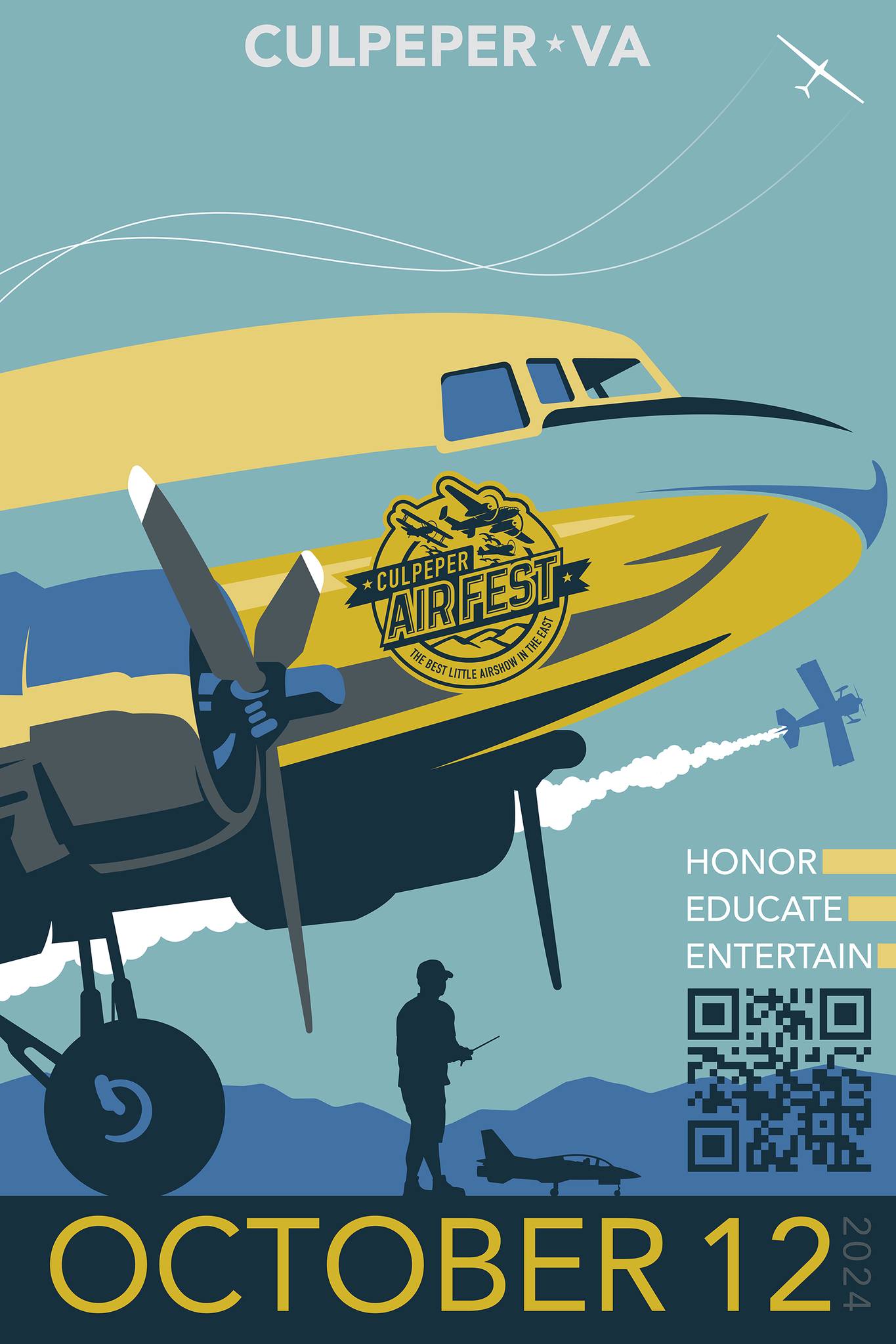 Poster for Culpeper Air Fest in Culpeper, VA, on October 12, 2024. It features a vintage airplane with a propeller in the foreground, an intricate event logo, and several smaller planes flying. The poster emphasizes "Honor, Educate, Entertain," with a QR code for more information about Culpeper Air Fest.