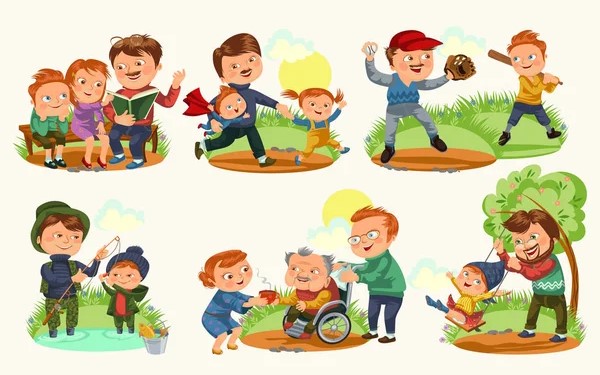 A series of cartoon illustrations showing children and adults engaging in various activities: reading a book, flying a kite, playing baseball, fishing, helping a person in a wheelchair, and picking apples from a tree.