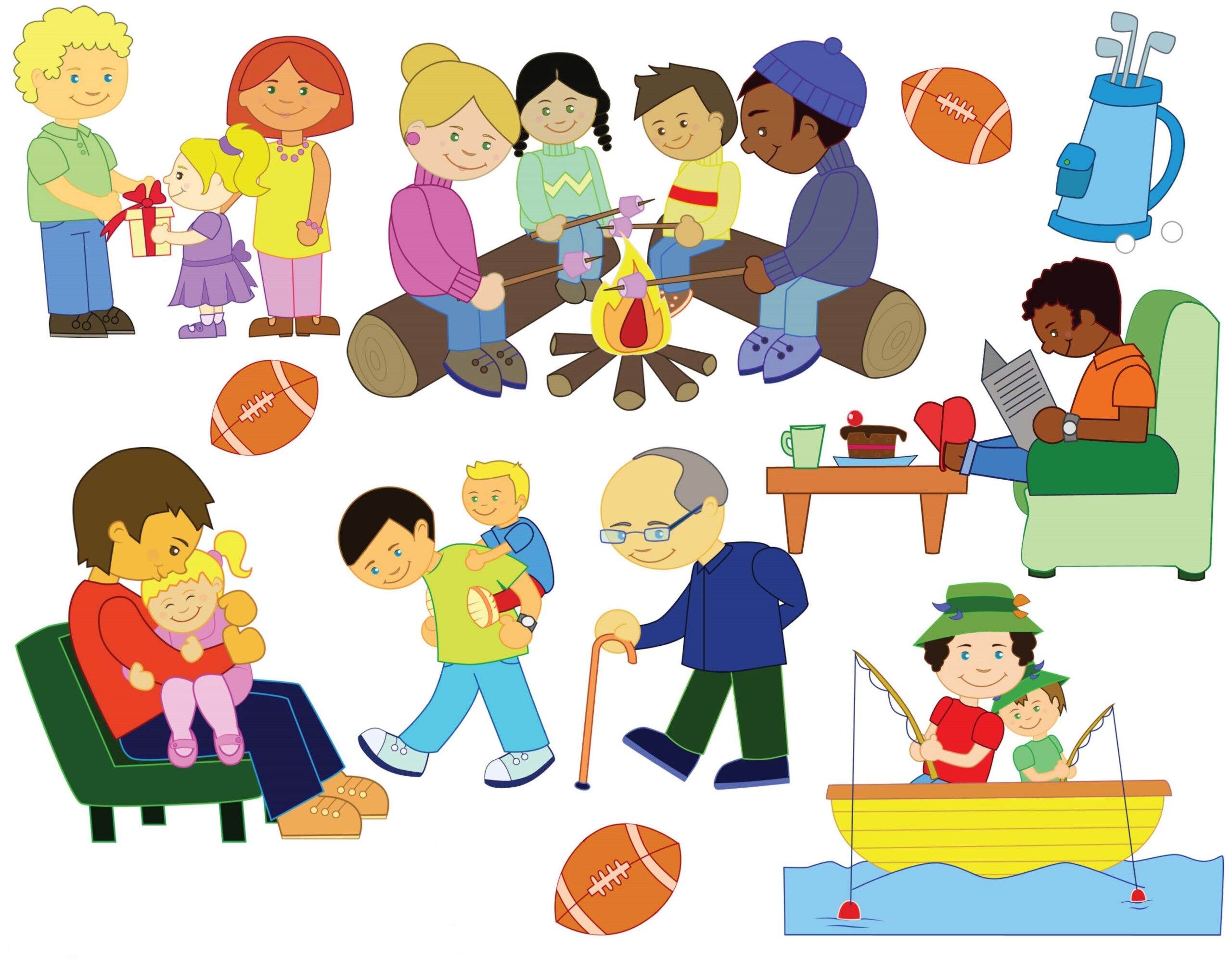 Illustration of diverse family activities: kids presenting gift, group by campfire, parent reading to kid, parent walking with child on shoulders, elderly person walking with cane, adult and child fishing, person reading on sofa. Footballs and golf bag also shown.